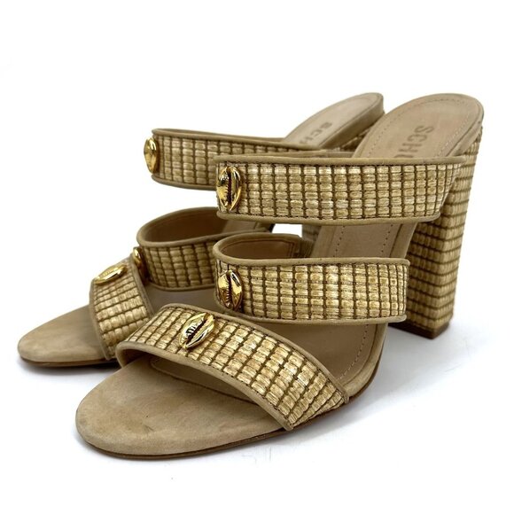 Schutz Karola High Block Heel Slide Sandals Natural Light Wood Size 8.5 - Picture 1 of 8